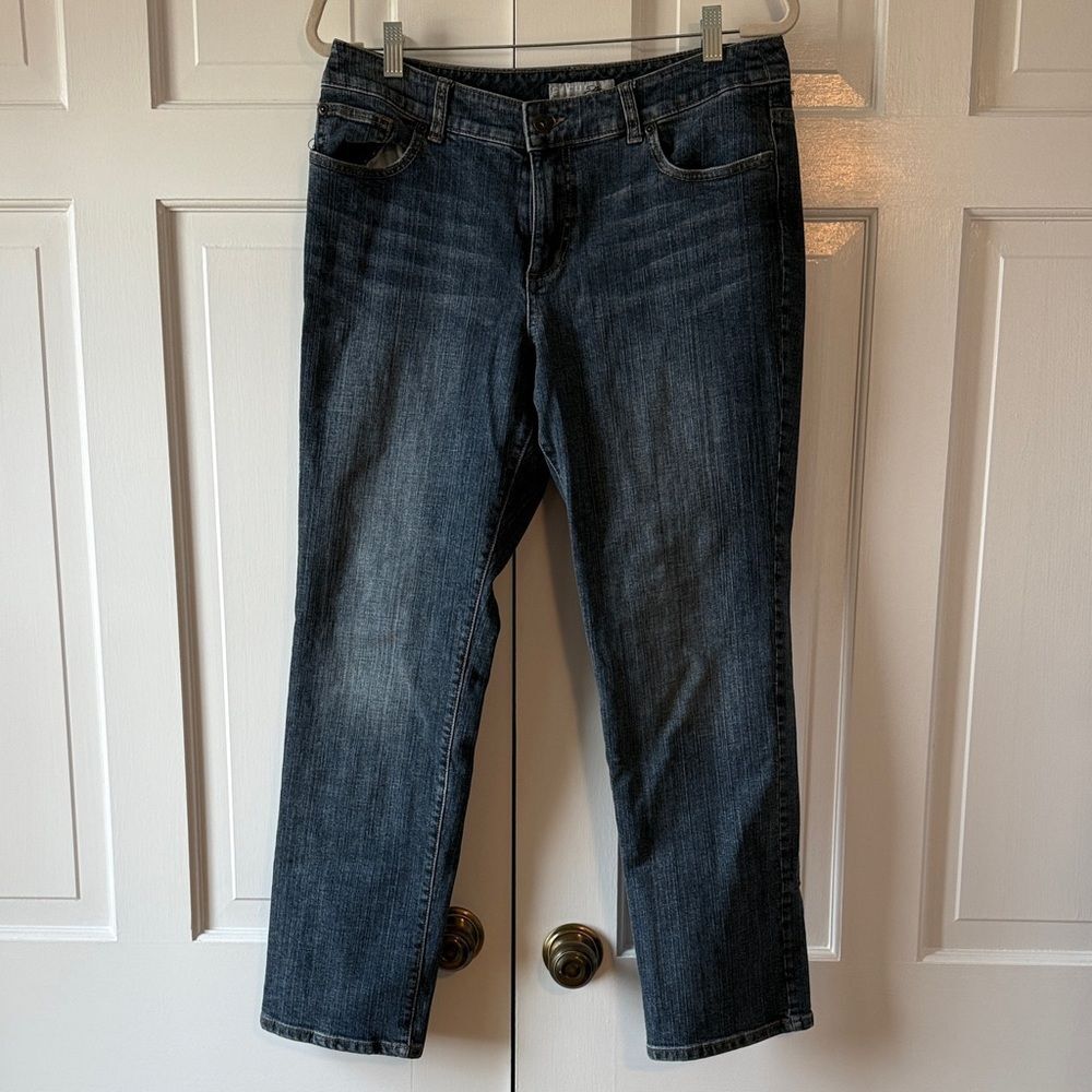 CHICO'S PLATINUM SIZE 1.5 ( US 10 ) SHORT JEANS MIDRISE STRAIGHT LEG 99% COTTON